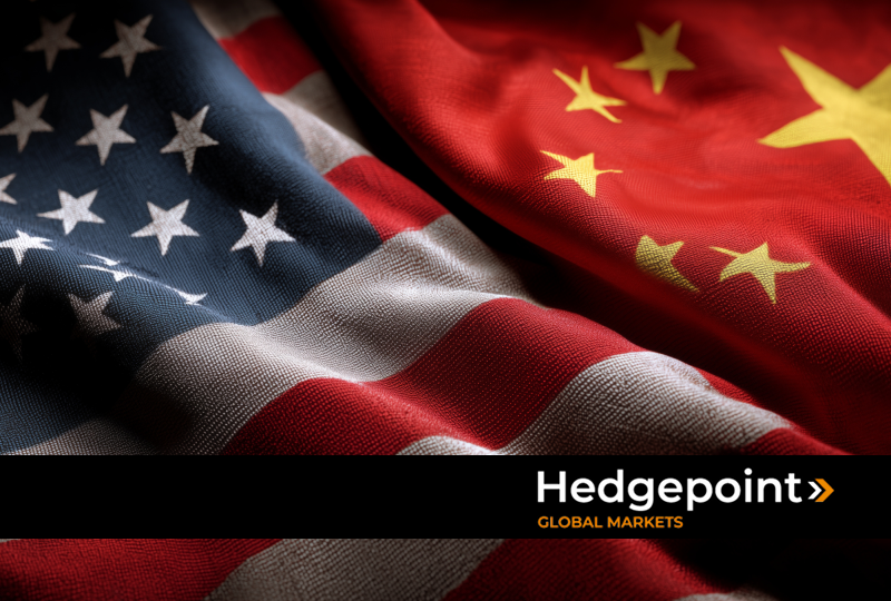 The image merges the US and Chinese flags.