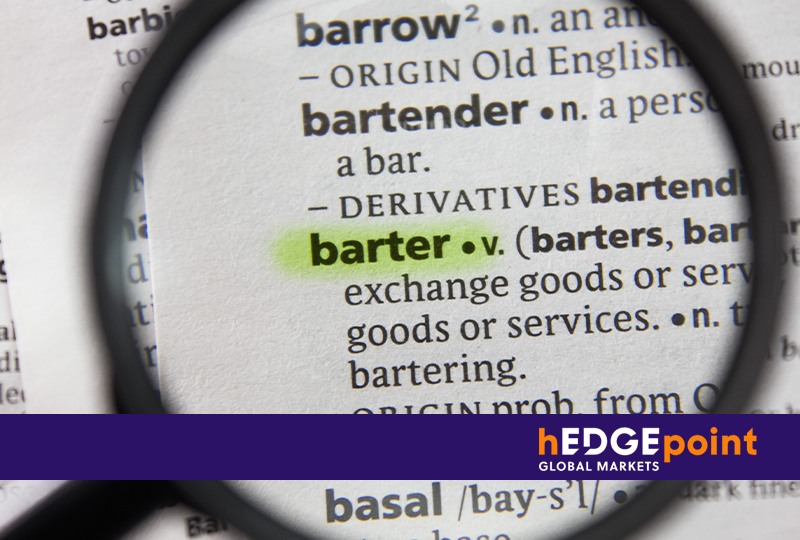 Imagem de uma lupa mostrando a definição da palavra barter no dicionário.